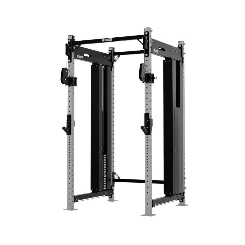 The Exigo X70 Cable Power Rack by Exigo is a commercial-grade rack with adjustable safety bars and hooks, a sturdy black and gray metal frame, and an integrated cable system for weightlifting and strength training.