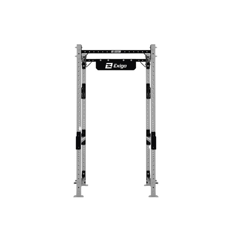 The Exigo X70 Compact Power Rack by Exigo stands on a white background, featuring sturdy vertical supports, multiple adjustment holes, and an integrated pull-up bar.