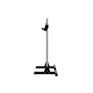 Side view of Exigo X70 Free Standing Squat Stands with a black base, silver post, and adjustable barbell holder—perfect for heavy home gym training. Branded by Exigo and set against a plain white background.