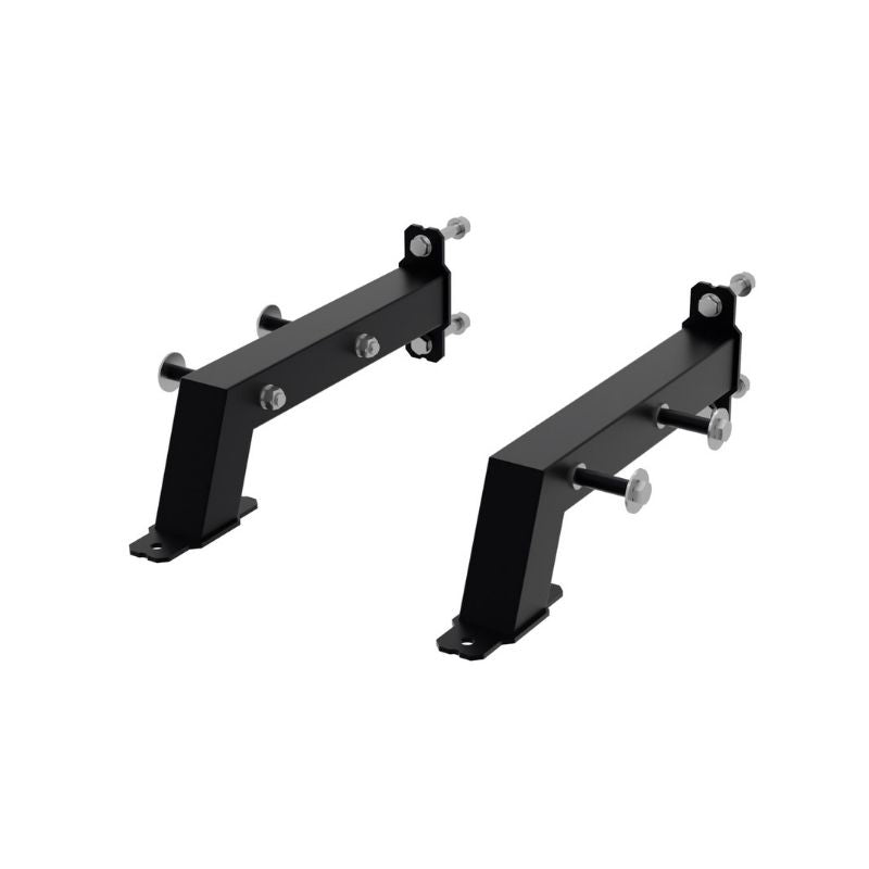The Exigo X70 Half Rack Front Floor Arms by Exigo include two black metal brackets with bolts and flanges, designed for secure right-angle attachment and reliable support of front floor arms on commercial gym equipment.