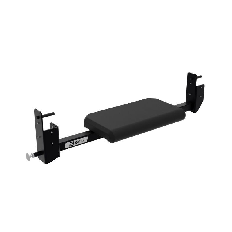 The Exigo X70 Hip Thrust Pad by Exigo features an adjustable black padded seat with metal brackets for easy installation on gym equipment or power racks—perfect as a rack-mounted pad for glute training.