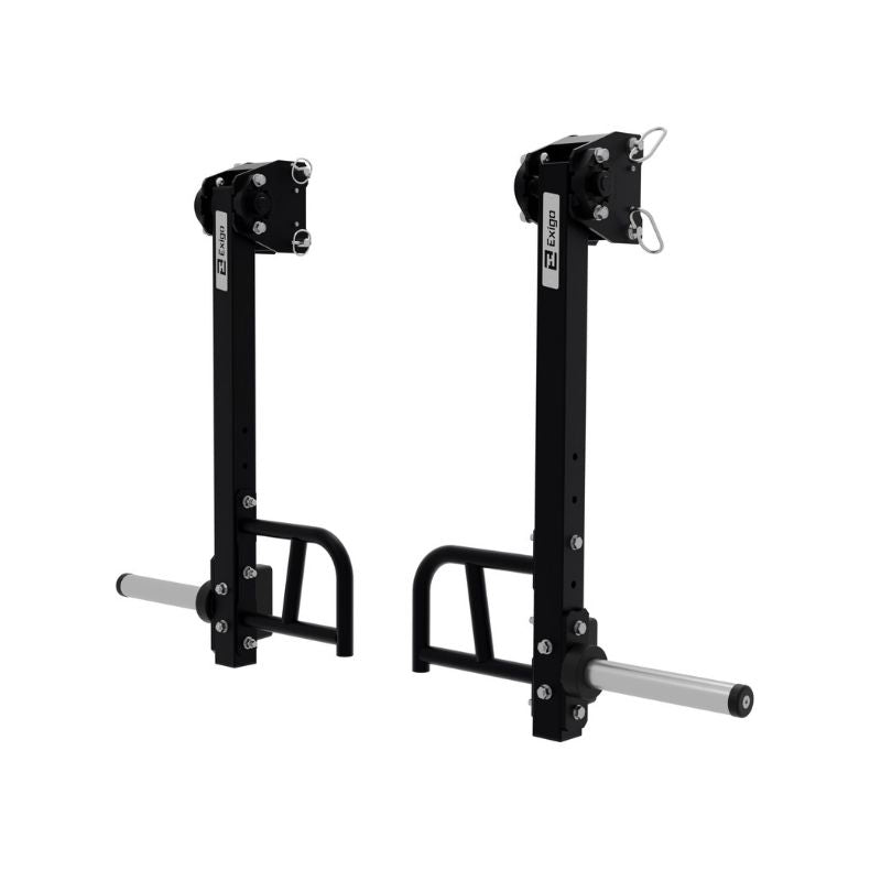 The Exigo X70 Adjustable Jammer Arms by Exigo are black, vertical steel gym rack attachments with handles and silver horizontal bars, featuring multiple adjustment holes and secure locking mechanisms for weightlifting and strength training.