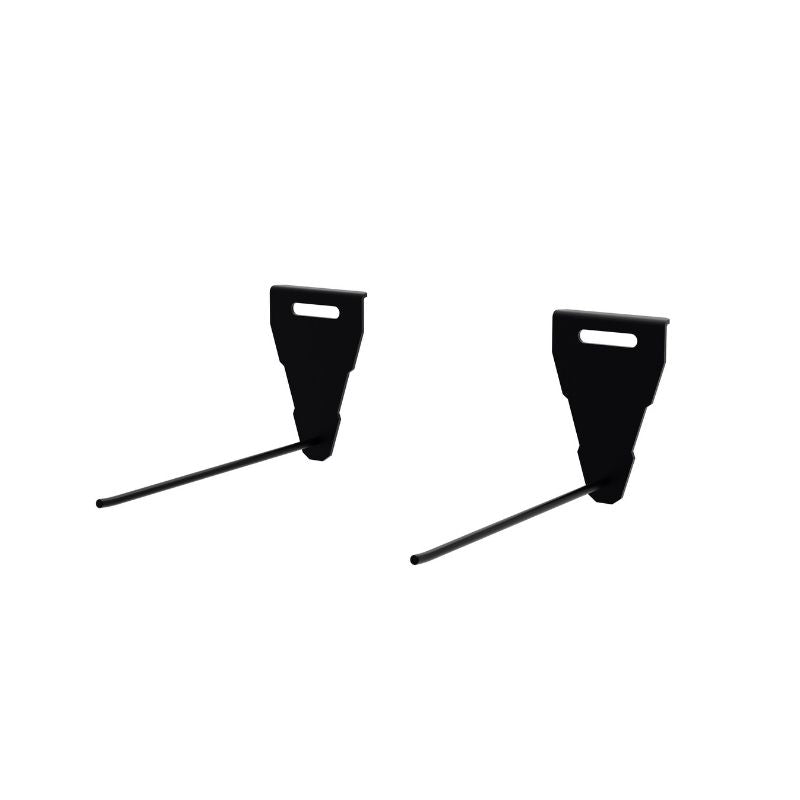 The Exigo X70 Mat Hooks by Exigo are black metal wall brackets designed for gym mat storage, each with a rectangular back plate, handle-shaped cutout, and single straight rod. Both are shown against a plain white background.