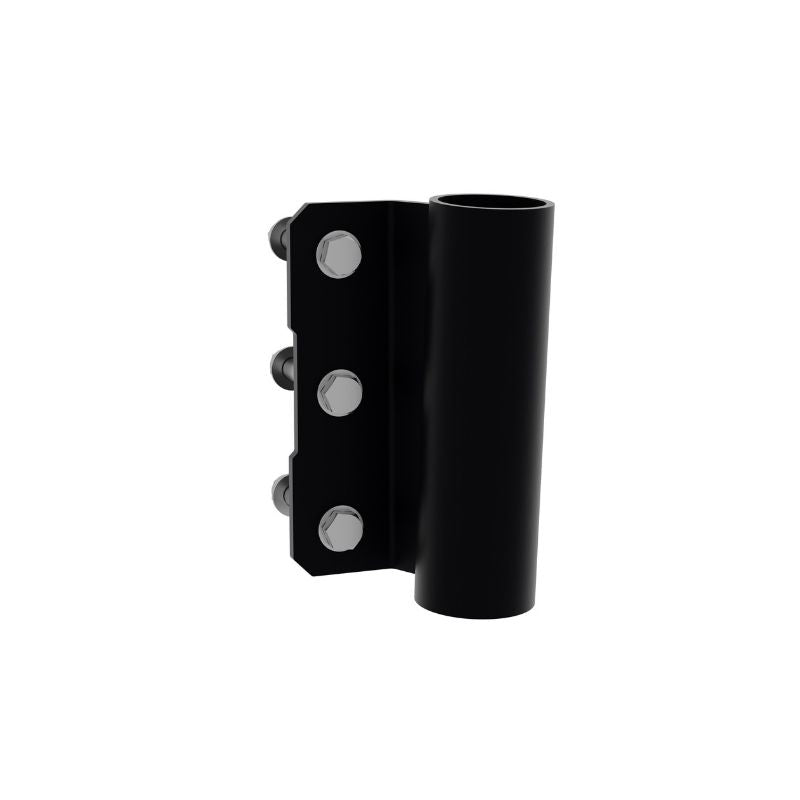 The Exigo X70 Bar Storage Holder by Exigo is a black metal pipe clamp with three visible side bolts, designed for vertical bar storage or rack-mounted use, shown isolated on a white background.