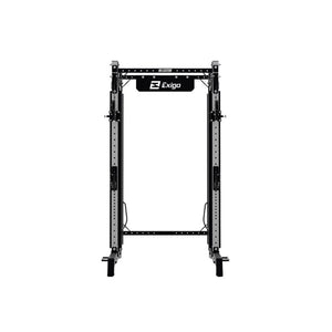 Front view of the Exigo EXIGO X70 Cable Half Rack in black and silver, featuring a dual adjustable cable system with pulleys, designed for strength training, by Exigo, shown against a white background.