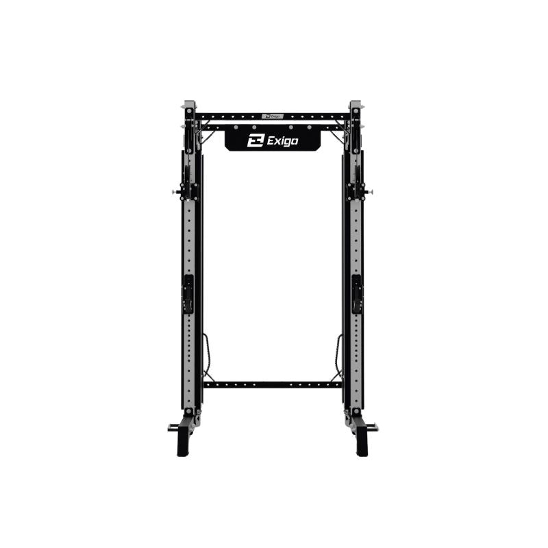 Front view of the Exigo EXIGO X70 Cable Half Rack in black and silver, featuring a dual adjustable cable system with pulleys, designed for strength training, by Exigo, shown against a white background.