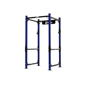The Exigo X70 Compact Power Rack is a freestanding blue and black rack with multiple adjustable holes, a pull-up bar, and stabilizing crossbars by Exigo, designed for weightlifting and strength training.