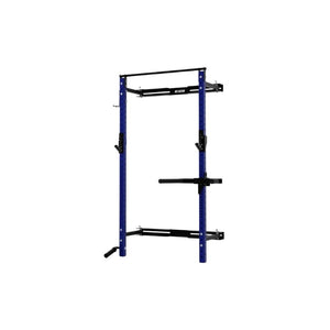The Exigo X70 Folding Rack (Standard or Short Height) by Exigo is a blue and black wall-mounted squat rack with adjustable hooks and pull-up bar, offering a space-saving strength solution for home gyms. Shown against a plain white background.