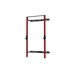 The Exigo X70 Folding Rack (Standard or Short Height) by Exigo features red vertical supports and black horizontal bars. This wall-mounted, space-saving squat rack is ideal for home gyms and designed for weightlifting, shown here against a white background.