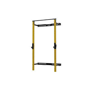 The Exigo X70 Folding Rack (Standard or Short Height) by Exigo is a yellow and black wall-mounted rack with two vertical posts, adjustable hooks, and a top pull-up bar—perfect for saving space in any home gym. Background: plain white.