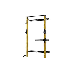 The Exigo X70 Folding Rack (Standard or Short Height) by Exigo is a yellow and black wall-mounted squat rack with adjustable hooks and bars, ideal for weightlifting and strength training. Shown isolated on a white background, it's a space-saving solution.