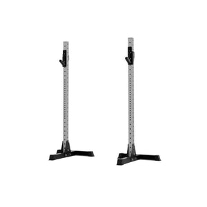 The Exigo X70 Free Standing Squat Stands by Exigo feature two adjustable black bases, set upright and parallel on a white background—ideal for heavy barbell training in your home gym.