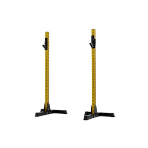 The Exigo X70 Free Standing Squat Stands by Exigo, in yellow and black, feature sturdy bases and upright, parallel design—perfect for heavy barbell training at home.