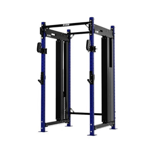 The Exigo X70 Cable Power Rack is a freestanding, blue and black commercial rack with adjustable safety bars, integrated cable system, multiple barbell height options, and a top pull-up bar for versatile strength training.