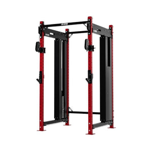 The Exigo X70 Cable Power Rack is a red and black commercial training station with four vertical posts, adjustable pulleys, weight stacks, and cable attachments—ideal for gym or home strength training.