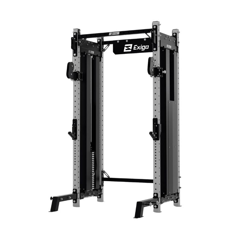 The Exigo X70 Cable Half Rack by Exigo is a sleek black and silver weight machine with a dual adjustable cable system, ideal for versatile workouts.