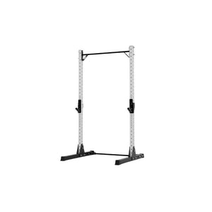 The Exigo X70 Quarter Rack by Exigo is a freestanding metal rack with adjustable barbell holders and a top pull-up bar, perfect for home strength training, displayed against a plain white background.