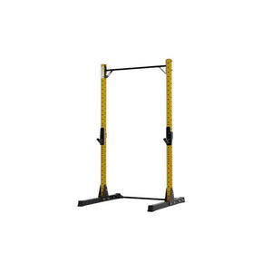 The Exigo X70 Quarter Rack by Exigo features a yellow and black design, pull-up bar, adjustable safety hooks, and sturdy base—ideal for strength training in your home gym.