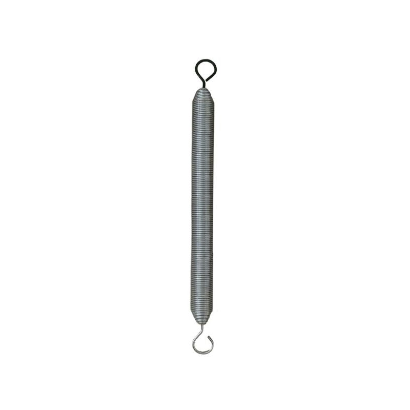 A tightly coiled HEGREN Reformer Spring by Hegren, with hooks on each end, features colour-coded resistance options—ideal as a Pilates reformer accessory or replacement part, shown isolated on a white background.