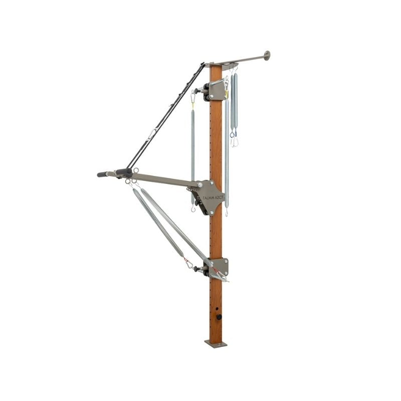 The Hegren HEGREN TALMA 62CT Convertible Pilates Tower is a studio-grade exercise wall unit with metal springs, adjustable arms, and a wooden vertical support—ideal for resistance training and stretching.