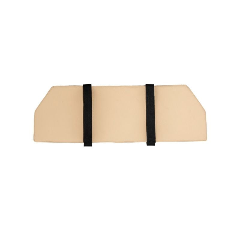 The HEGREN Mat Converter for Pilates Reformer by Hegren is a rectangular beige mat featuring two vertical black straps, shown against a white background.