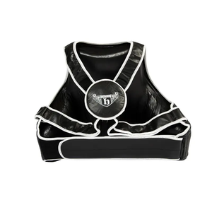The HATTON BOXING Leather Boxing Body Protector by Hatton is a black, heavy-duty coach chest pad with padded sections and a logo, designed for superior protection and shock absorption during training.