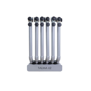 The HEGREN Stability Bar Wall Rack by Hegren features six vertical white cylindrical tubes with black knobs on a rectangular base labeled TALMA 62. Ideal for Pilates studio storage, it is shown against a plain white background.
