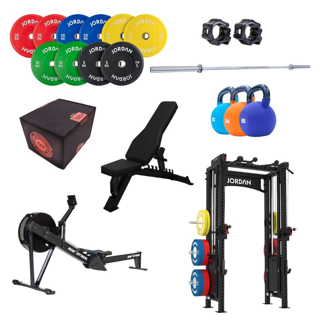 The Home Gym Pro Elite Athletes Bundle includes colored weight plates, barbell with collars, plyo box, adjustable bench, kettlebells, air bike, and a squat rack with storage—ideal for serious strength and conditioning at home.