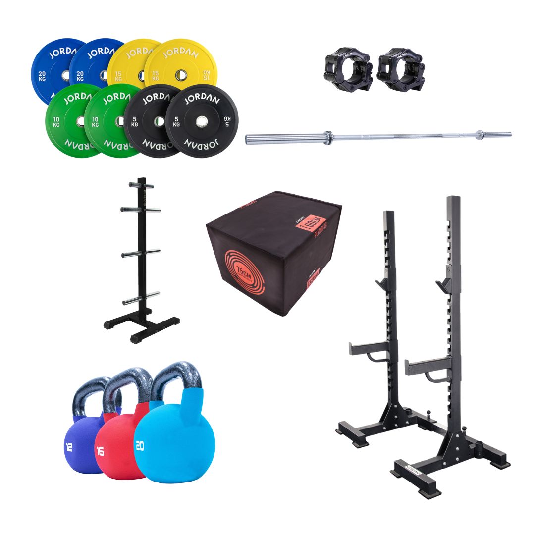The Essential Athletes Bundle by Home Gym Pro features colored weight plates, a barbell, kettlebells, squat rack, plate rack, plyo box, and two barbell collars—perfectly arranged on a white background for functional fitness.