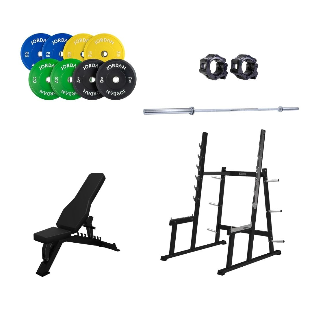 The Home Gym Pro Essential Lifters Bundle is ideal for home strength training, including colored weight plates, barbell collars, a silver barbell, adjustable bench, and a black squat rack with plate holders.