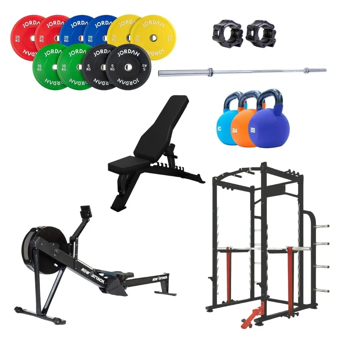 The Home Gym Pro Pro Athletes Bundle features colorful weight plates, a barbell with clamps, three kettlebells, an exercise bike, bench, and power rack—creating the ultimate home gym setup on a white background.