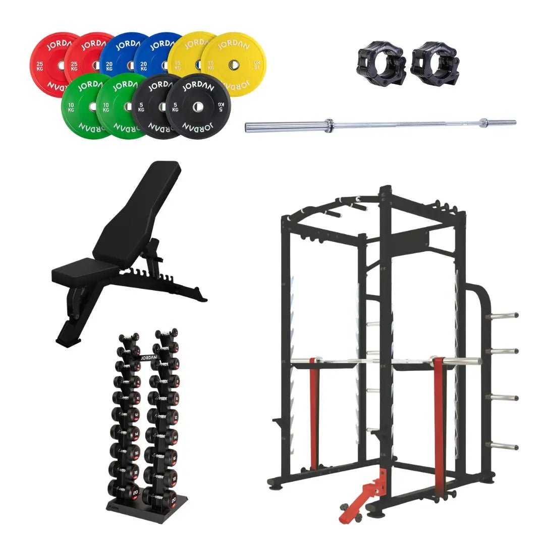 Home Gym Pro offers the Pro Lifters Bundle for a home gym setup, including a dumbbell rack, multicolored weight plates, barbell with collars, adjustable bench, and power rack. Perfect for strength training enthusiasts with weights labeled in various denominations.