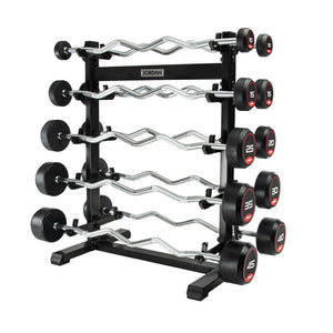 A JORDAN Fixed Rubber Curl Barbell by Jordan, featuring a zigzag ergonomic design and 10-kg weights on each end, lies on a white background. This durable equipment is ideal for effective upper-body and arm strength training.
