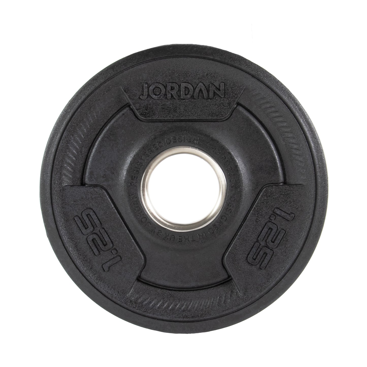 A set of seven Jordan Olympic Tri-Grip Plates, ideal for home gyms, is arranged from largest to smallest. Each black plate has a central hole for a barbell and clear weight markings, offering an affordable option for strength training enthusiasts.