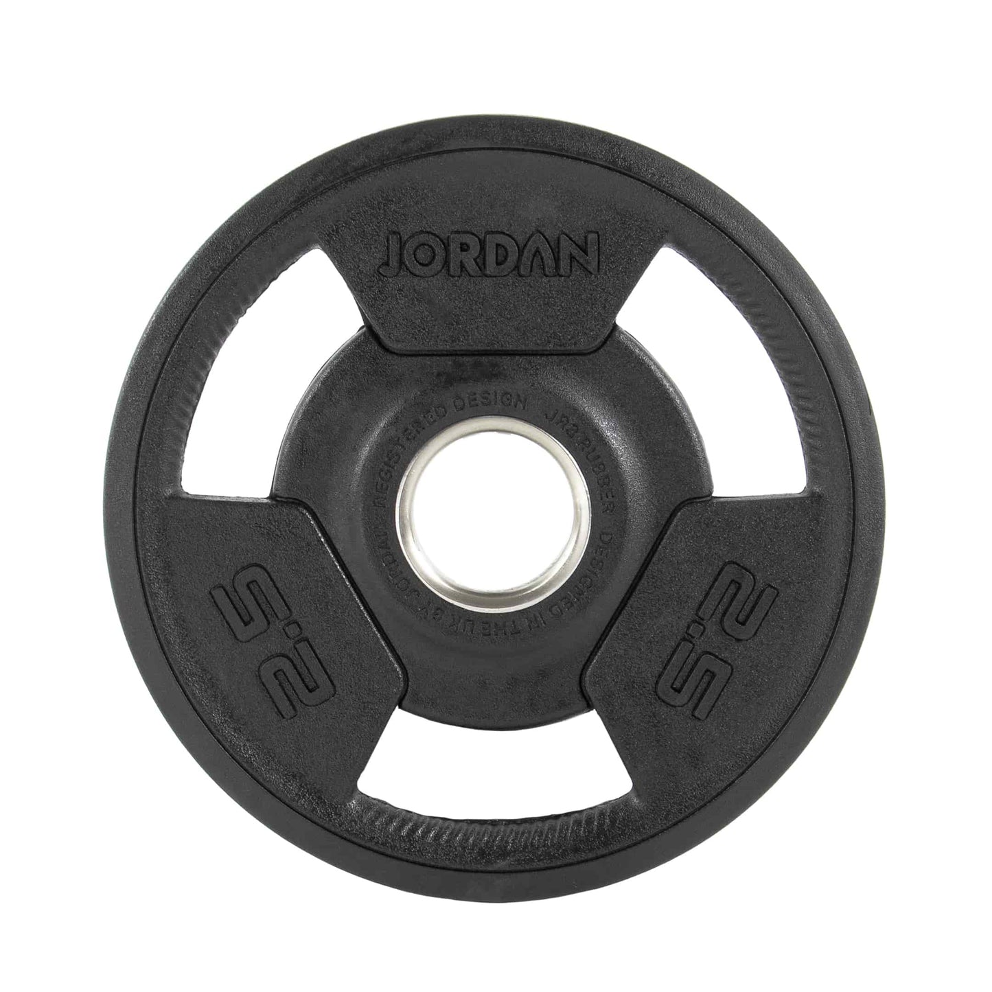 A set of seven Jordan Olympic Tri-Grip Plates, ideal for home gyms, is arranged from largest to smallest. Each black plate has a central hole for a barbell and clear weight markings, offering an affordable option for strength training enthusiasts.