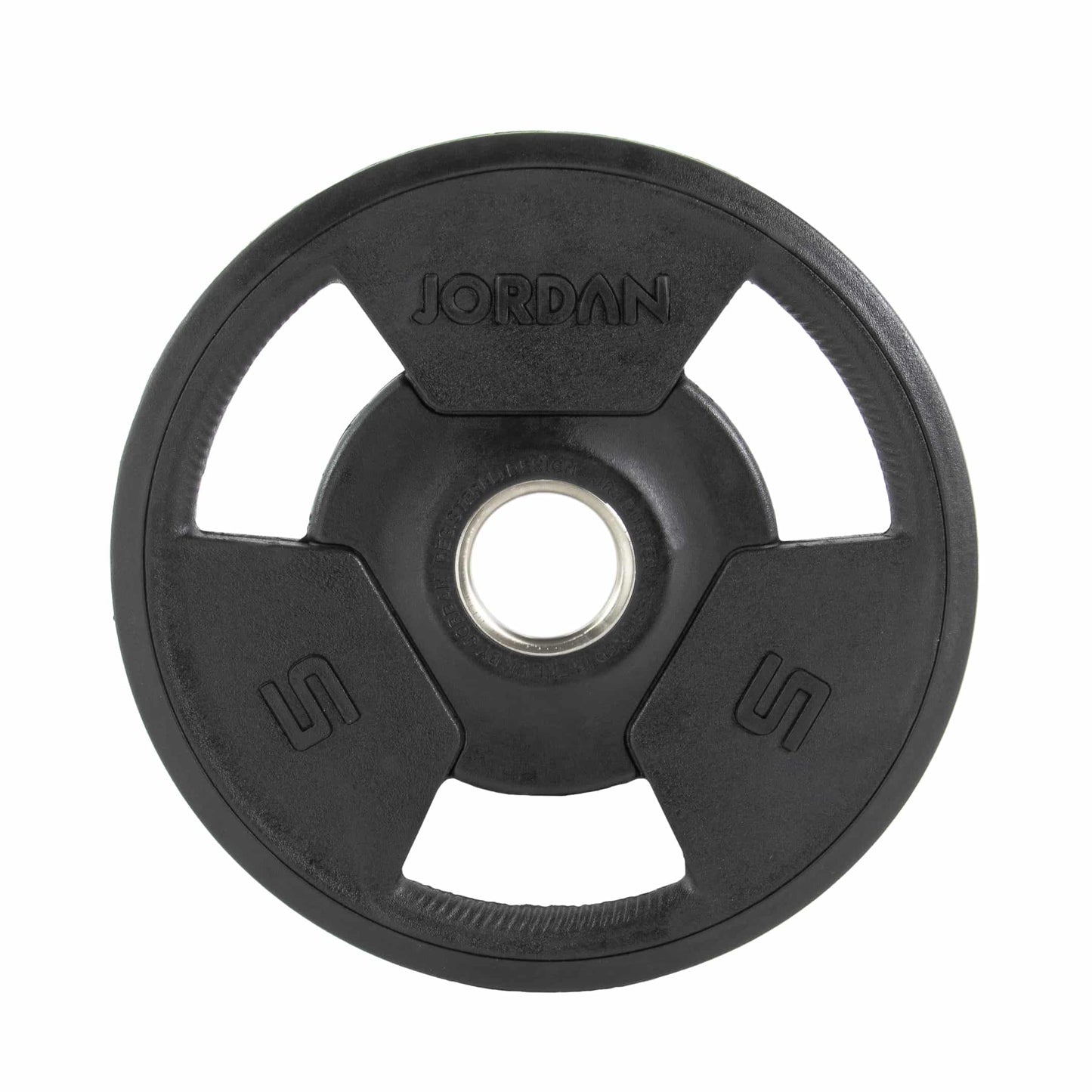A set of seven Jordan Olympic Tri-Grip Plates, ideal for home gyms, is arranged from largest to smallest. Each black plate has a central hole for a barbell and clear weight markings, offering an affordable option for strength training enthusiasts.
