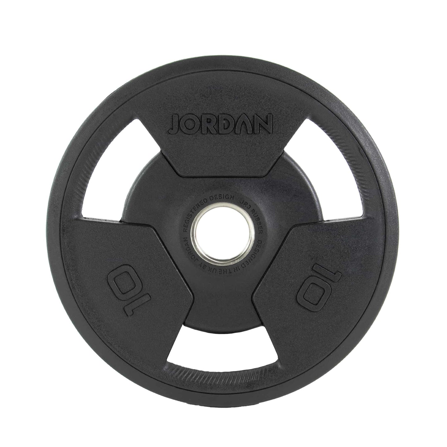 A set of seven Jordan Olympic Tri-Grip Plates, ideal for home gyms, is arranged from largest to smallest. Each black plate has a central hole for a barbell and clear weight markings, offering an affordable option for strength training enthusiasts.