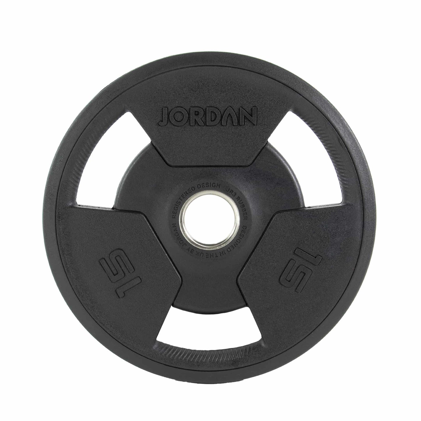A set of seven Jordan Olympic Tri-Grip Plates, ideal for home gyms, is arranged from largest to smallest. Each black plate has a central hole for a barbell and clear weight markings, offering an affordable option for strength training enthusiasts.