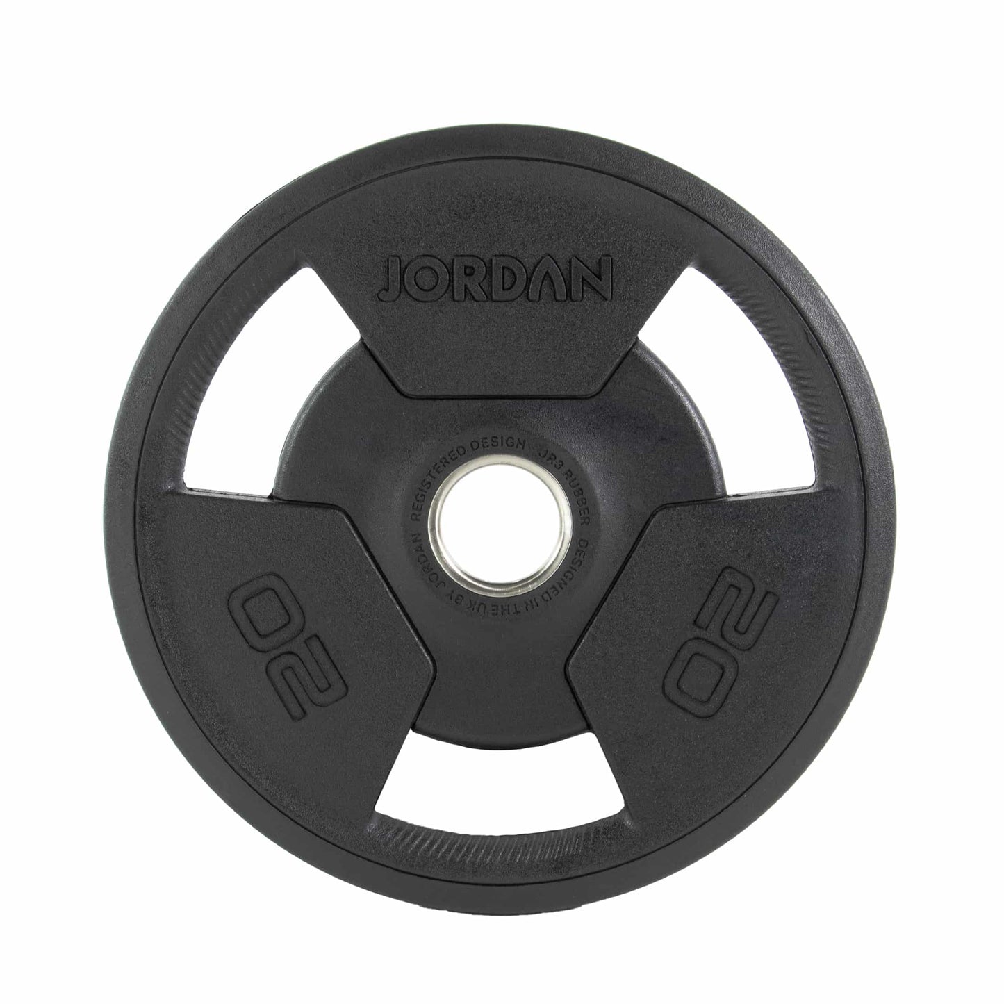 A set of seven Jordan Olympic Tri-Grip Plates, ideal for home gyms, is arranged from largest to smallest. Each black plate has a central hole for a barbell and clear weight markings, offering an affordable option for strength training enthusiasts.