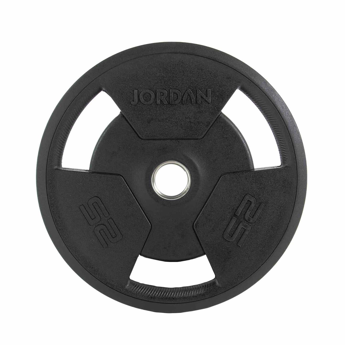 A set of seven Jordan Olympic Tri-Grip Plates, ideal for home gyms, is arranged from largest to smallest. Each black plate has a central hole for a barbell and clear weight markings, offering an affordable option for strength training enthusiasts.