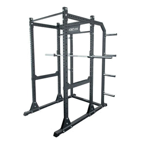 The Jordan JORDAN HELIX Power Rack (LTR) Weight Storage Horns Attachment (Pair) features a black, vertical metal design with multiple holes and four angled pegs for smart bumper plate or gym equipment storage.