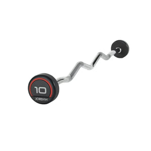 A JORDAN Fixed Curl Bar Barbell with black premium urethane circular weights, one end showing 10 JORDAN in white and red lettering. Brand: Jordan. Isolated on a white background.