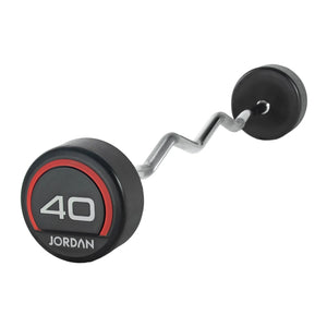 A JORDAN Fixed Curl Bar Barbell with black premium urethane circular weights, one end showing 10 JORDAN in white and red lettering. Brand: Jordan. Isolated on a white background.