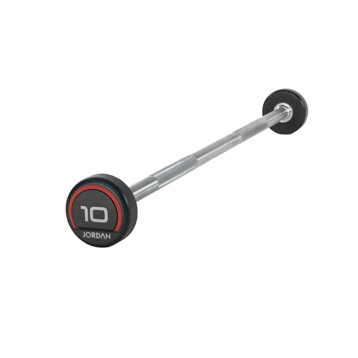 The Jordan Fixed Rubber Barbell has round rubber ends, labeled 10 with Jordan underneath in a black and red design. Ideal for barbell racks, it adds style and utility to any workout space.