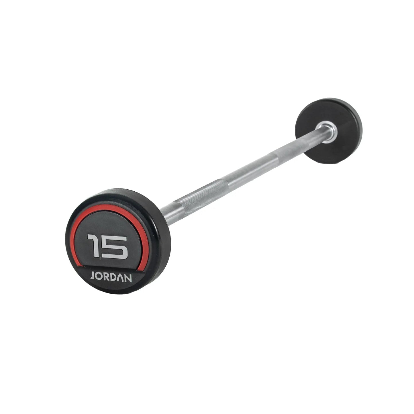 The Jordan Fixed Rubber Barbell has round rubber ends, labeled 10 with Jordan underneath in a black and red design. Ideal for barbell racks, it adds style and utility to any workout space.