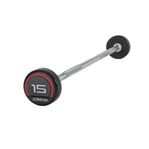 The Jordan Fixed Barbell features a straight metal bar with black round rubber weights, left plate labeled 10 with a red ring. Its compact design and various weight options suit versatile workouts. Photographed on a white background.