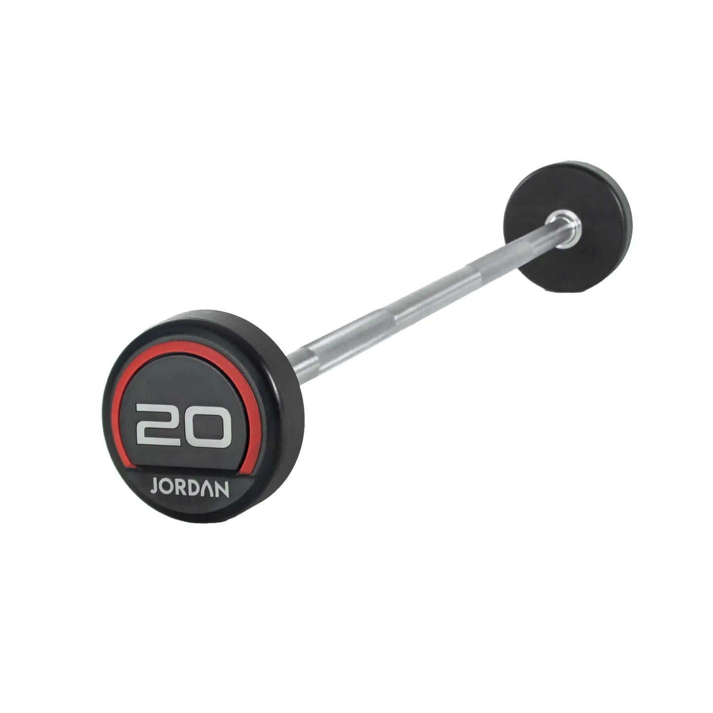 The Jordan Fixed Rubber Barbell has round rubber ends, labeled 10 with Jordan underneath in a black and red design. Ideal for barbell racks, it adds style and utility to any workout space.