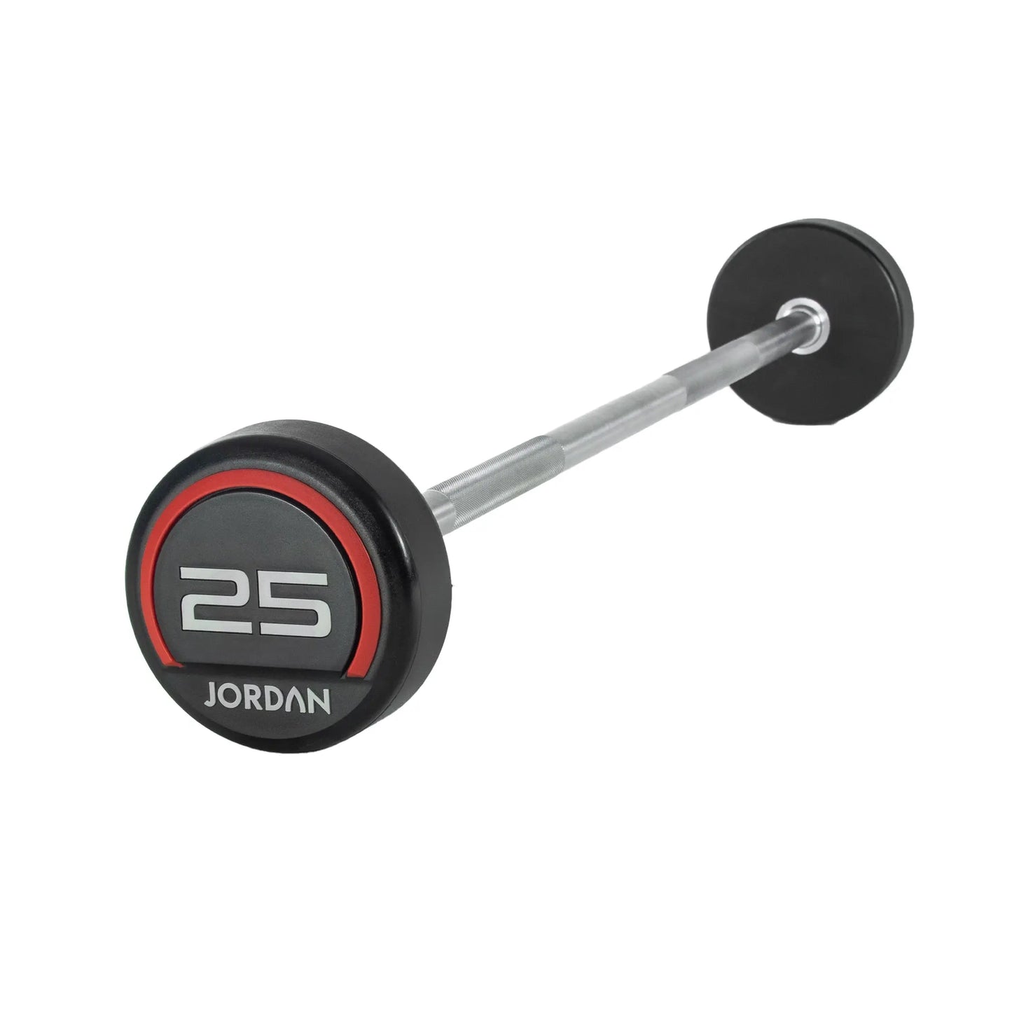 The Jordan Fixed Rubber Barbell has round rubber ends, labeled 10 with Jordan underneath in a black and red design. Ideal for barbell racks, it adds style and utility to any workout space.