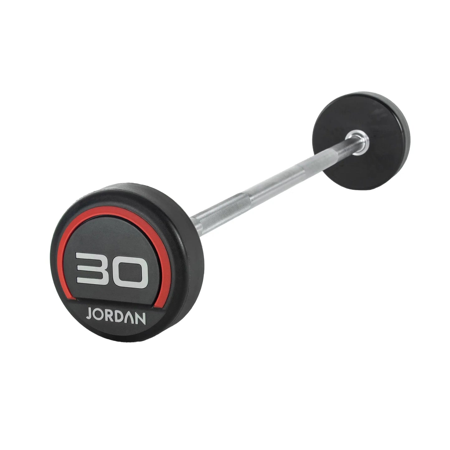 The Jordan Fixed Rubber Barbell has round rubber ends, labeled 10 with Jordan underneath in a black and red design. Ideal for barbell racks, it adds style and utility to any workout space.
