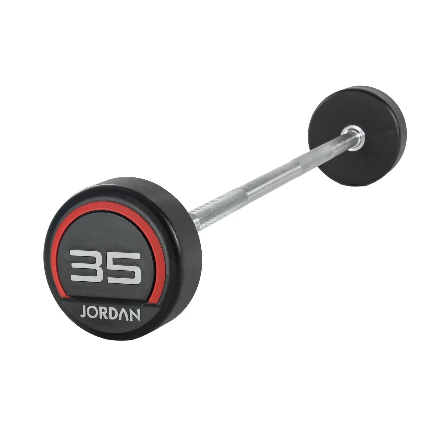 The Jordan Fixed Rubber Barbell has round rubber ends, labeled 10 with Jordan underneath in a black and red design. Ideal for barbell racks, it adds style and utility to any workout space.